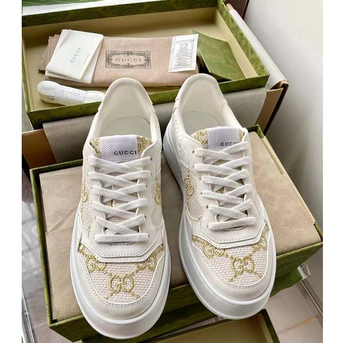 Gucci Unisex GG Sneaker White Leather Lace-Up Mid-Heel