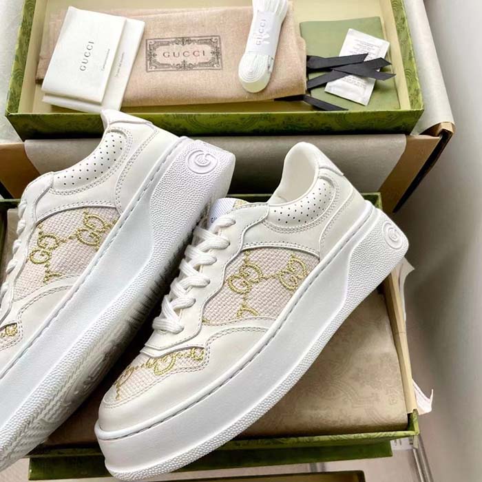 Gucci Unisex GG Sneaker White Leather Lace-Up Mid-Heel