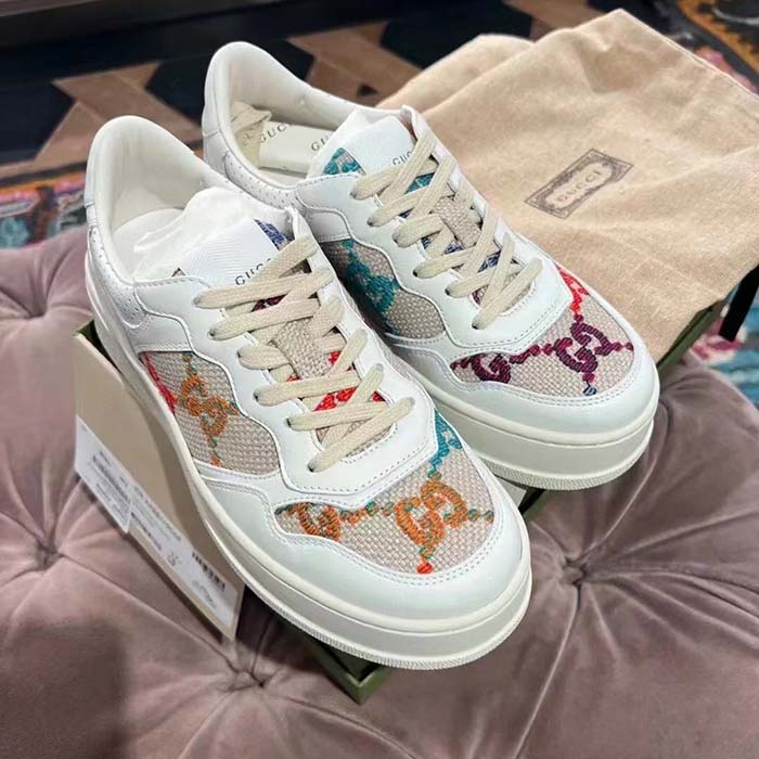 Gucci Unisex GG Sneaker White Leather Rubber Sole Mid-Heel
