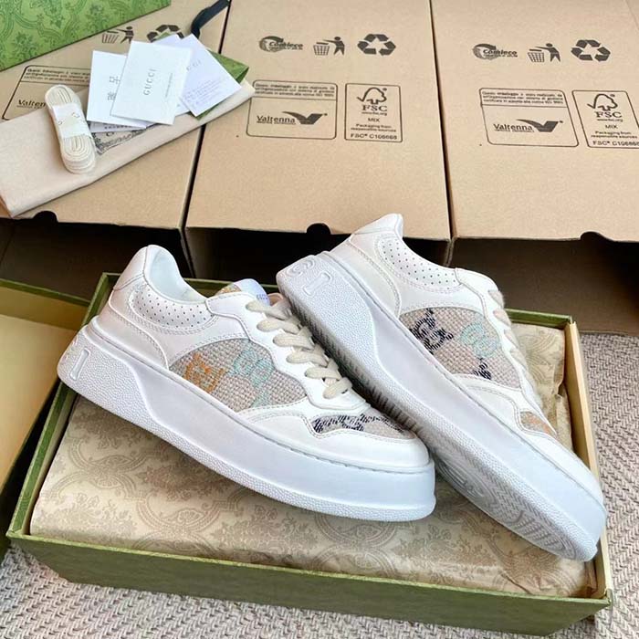 Gucci Unisex GG Sneaker White Leather Rubber Sole Mid-Heel