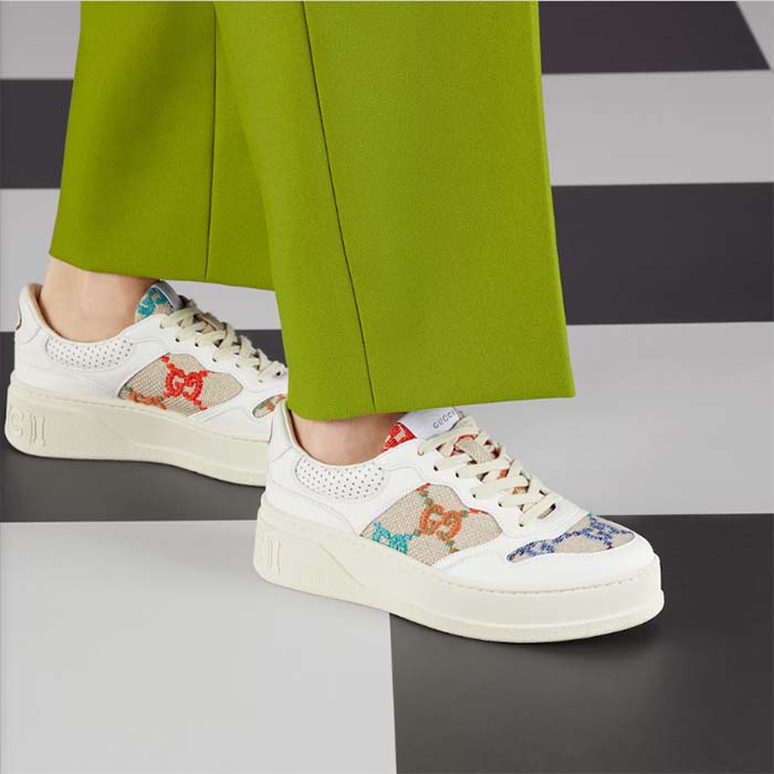 Gucci Unisex GG Sneaker White Leather Rubber Sole Mid-Heel