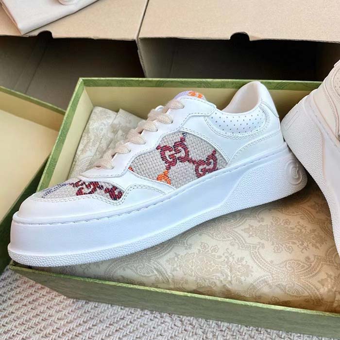 Gucci Unisex GG Sneaker White Leather Rubber Sole Mid-Heel