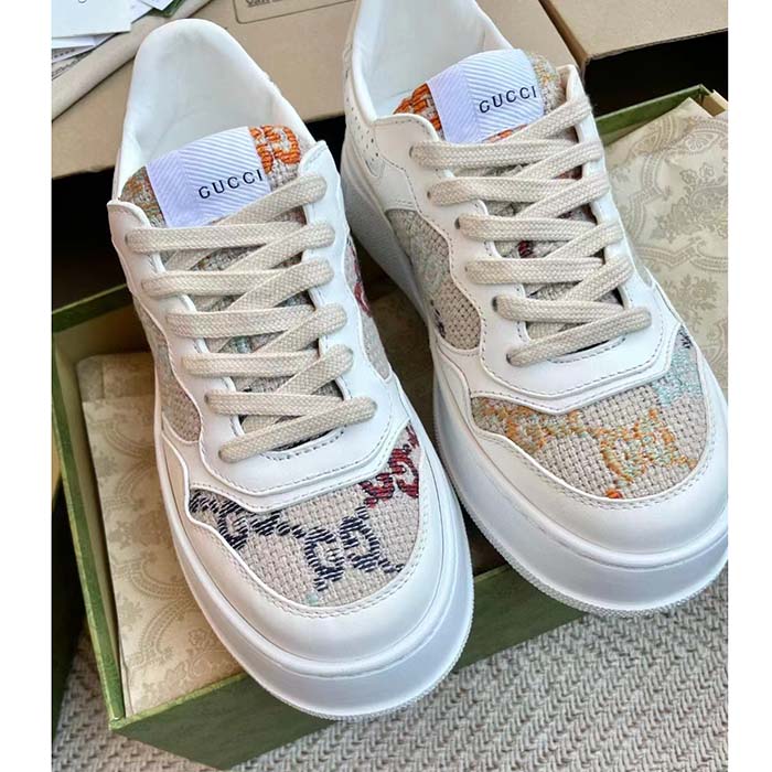 Gucci Unisex GG Sneaker White Leather Rubber Sole Mid-Heel