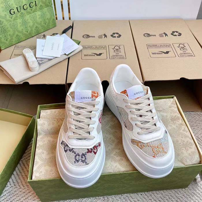 Gucci Unisex GG Sneaker White Leather Rubber Sole Mid-Heel