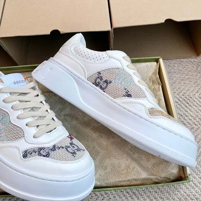 Gucci Unisex GG Sneaker White Leather Rubber Sole Mid-Heel