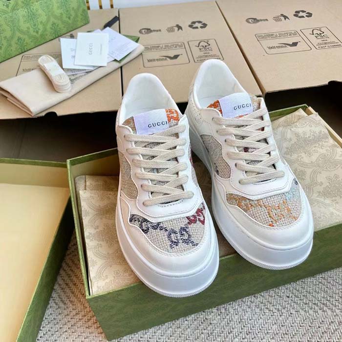 Gucci Unisex GG Sneaker White Leather Rubber Sole Mid-Heel
