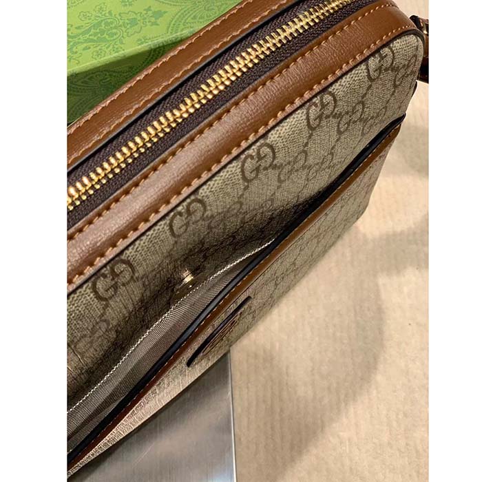 Gucci Unisex Messenger Bag Interlocking G Beige Ebony GG Supreme Canvas Brown Leather Style ‎675891 92THG 8563