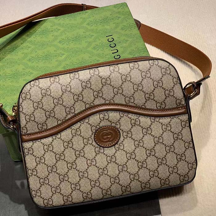 Gucci Unisex Messenger Bag Interlocking G Beige Ebony GG Supreme Canvas Brown Leather Style ‎675891 92THG 8563