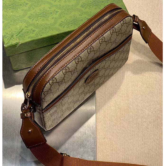 Gucci Unisex Messenger Bag Interlocking G Beige Ebony GG Supreme Canvas Brown Leather Style ‎675891 92THG 8563