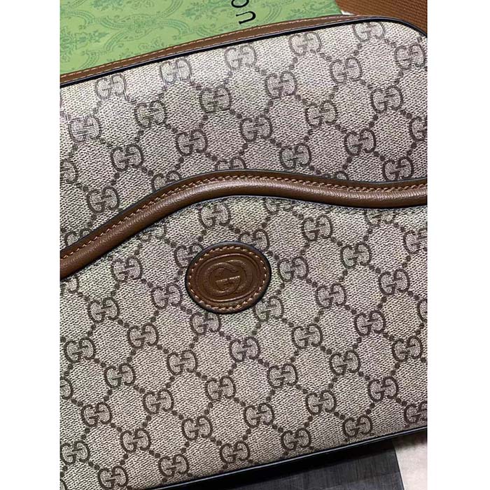 Gucci Unisex Messenger Bag Interlocking G Beige Ebony GG Supreme Canvas Brown Leather Style ‎675891 92THG 8563