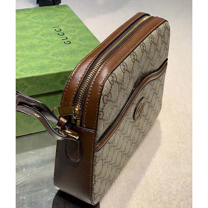 Gucci Unisex Messenger Bag Interlocking G Beige Ebony GG Supreme Canvas Brown Leather Style ‎675891 92THG 8563
