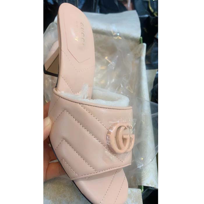 Gucci Women Double G Slide Sandal Beige Chevron Matelassé Leather Mid 7.6 CM Heel