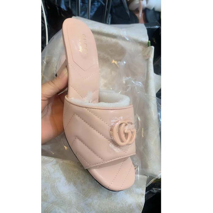 Gucci Women Double G Slide Sandal Beige Chevron Matelassé Leather Mid 7.6 CM Heel