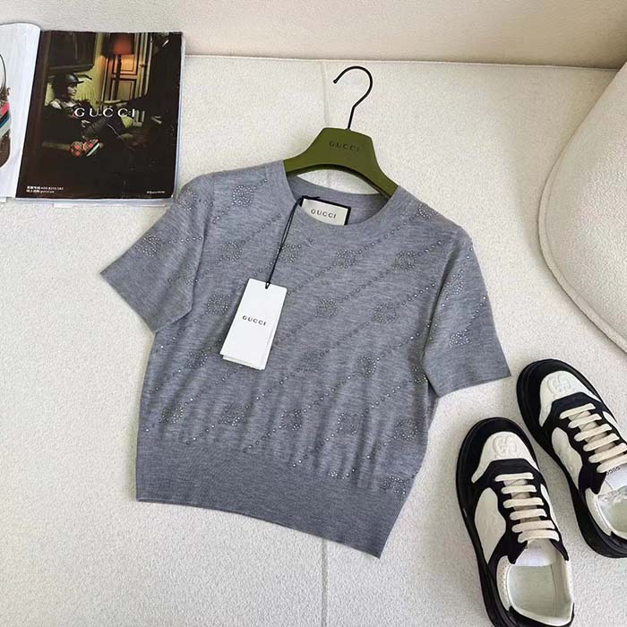 Gucci Women GG Cashmere Crewneck Interlocking G Grey Diagonal Stripe Crystals