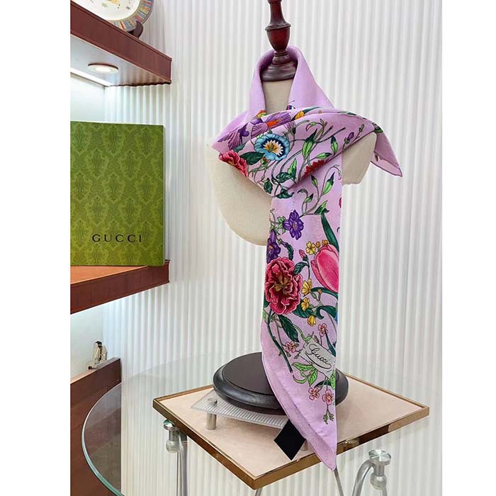Gucci Women GG Flora Print Silk Carré Multicolor Purple Twill