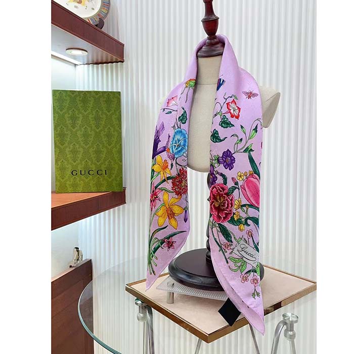 Gucci Women GG Flora Print Silk Carré Multicolor Purple Twill