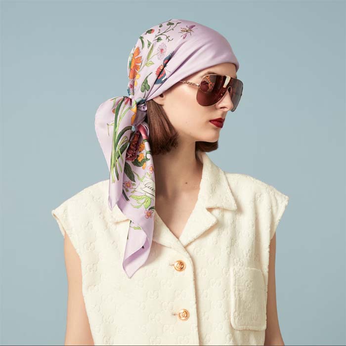 Gucci Women GG Flora Print Silk Carré Multicolor Purple Twill