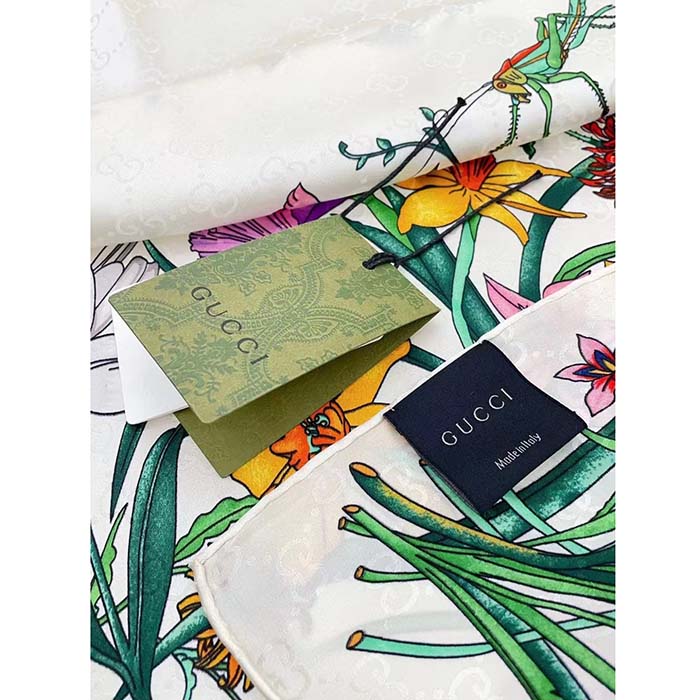 Gucci Women GG Flora Print Silk Carré Multicolor White Twill