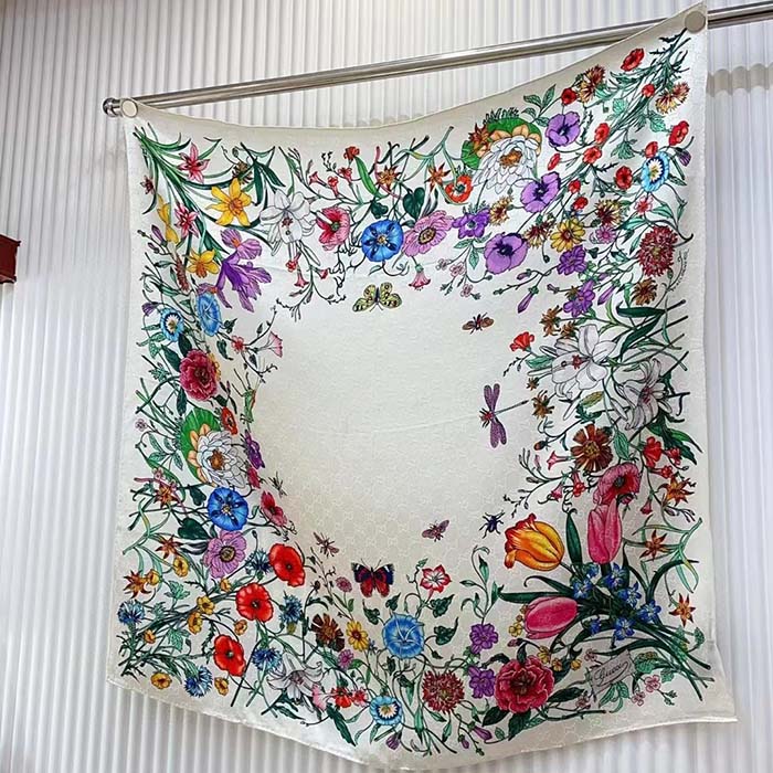 Gucci Women GG Flora Print Silk Carré Multicolor White Twill