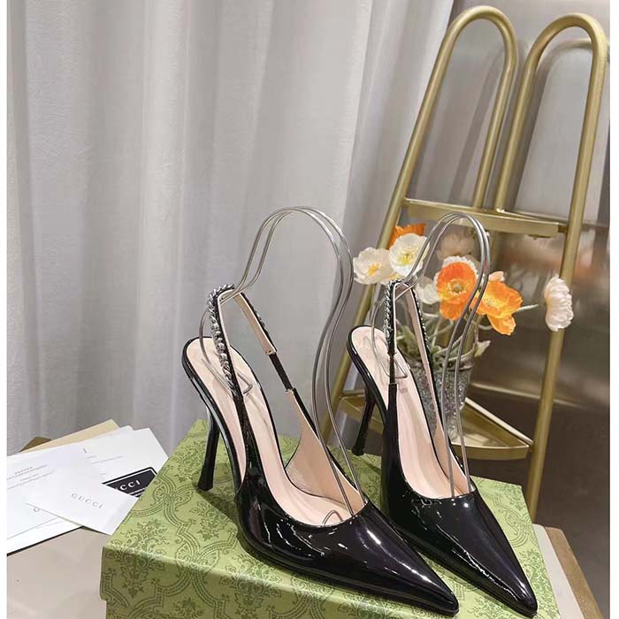 Gucci Women GG Gucci Signoria Slingback Pump Black Patent Leather High Heel