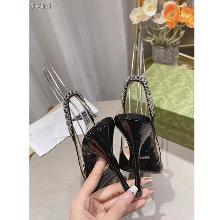 Gucci Women GG Gucci Signoria Slingback Pump Black Patent Leather High Heel