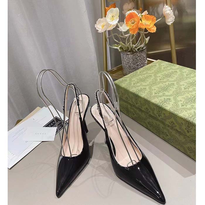 Gucci Women GG Gucci Signoria Slingback Pump Black Patent Leather High Heel