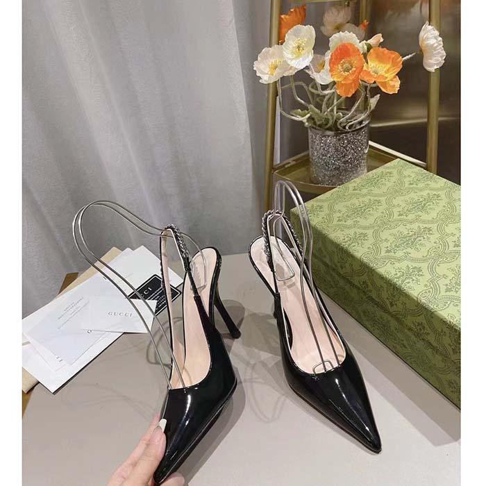 Gucci Women GG Gucci Signoria Slingback Pump Black Patent Leather High Heel