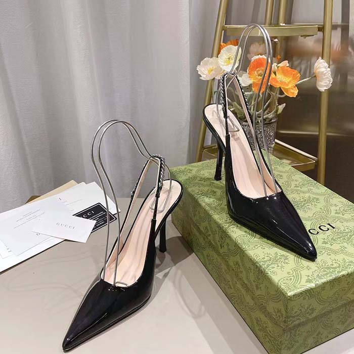 Gucci Women GG Gucci Signoria Slingback Pump Black Patent Leather High Heel