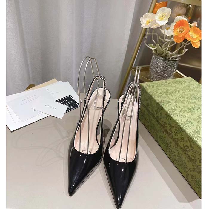Gucci Women GG Gucci Signoria Slingback Pump Black Patent Leather High Heel