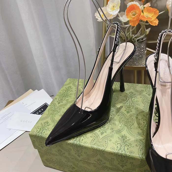 Gucci Women GG Gucci Signoria Slingback Pump Black Patent Leather High Heel