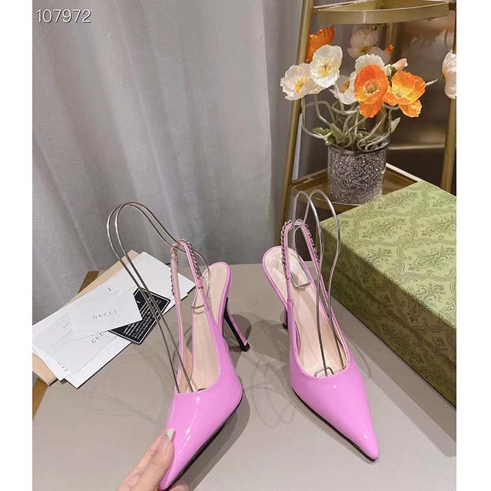 Gucci Women GG Gucci Signoria Slingback Pump Pink Patent Leather Low Heel