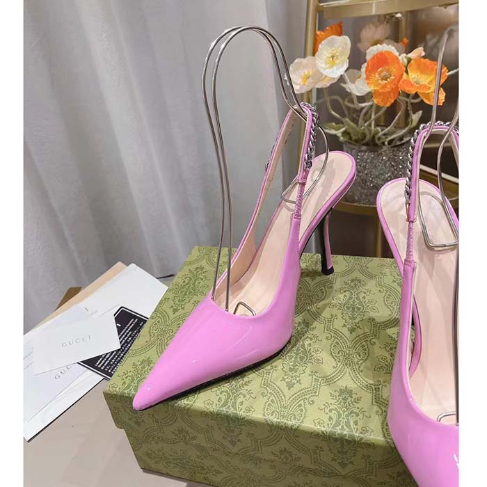 Gucci Women GG Gucci Signoria Slingback Pump Pink Patent Leather Low Heel