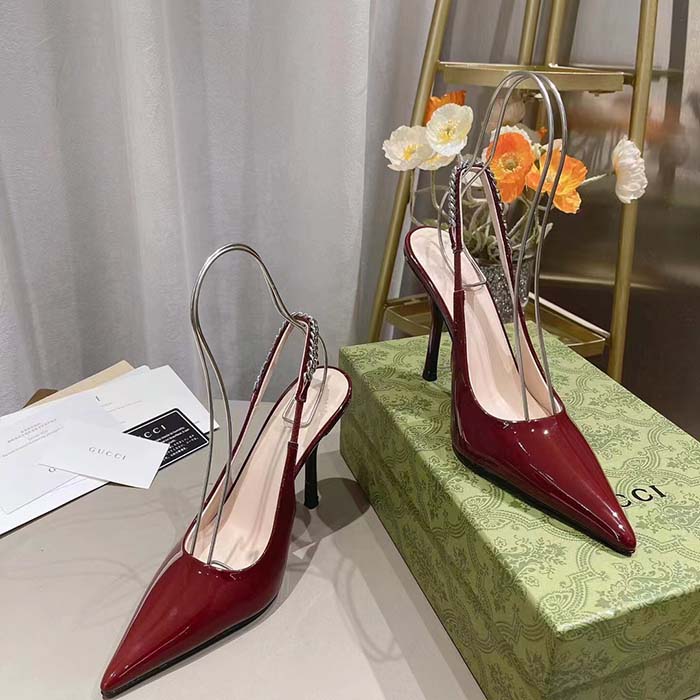 Gucci Women GG Gucci Signoria Slingback Pump Red Patent Leather High Heel