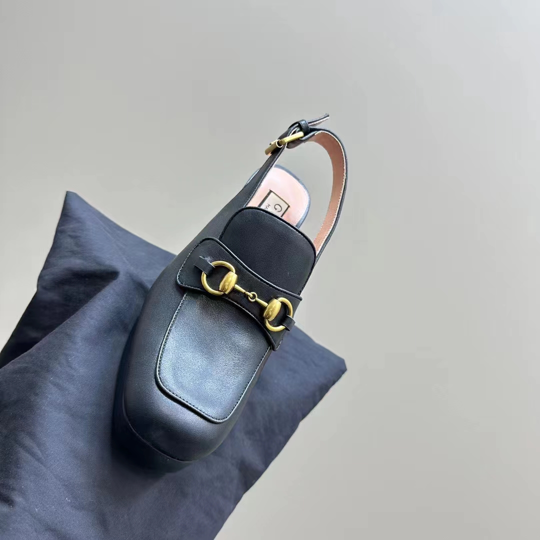 Gucci Women GG Horsebit Mule Black Leather Double Ring Bar Style ‎771566 0G0V0 1000