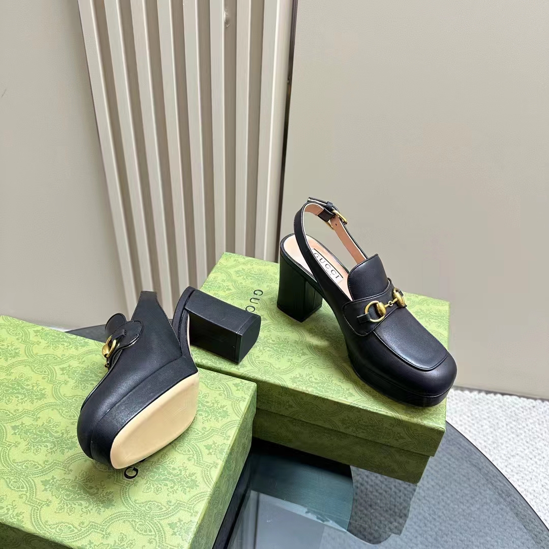 Gucci Women GG Horsebit Mule Black Leather Double Ring Bar Style ‎771566 0G0V0 1000