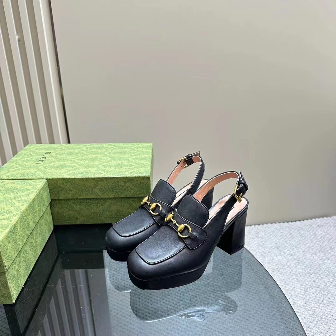 Gucci Women GG Horsebit Mule Black Leather Double Ring Bar Style ‎771566 0G0V0 1000