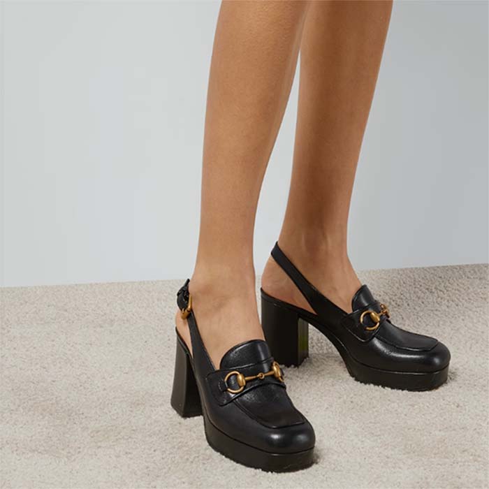 Gucci Women GG Horsebit Mule Black Leather Double Ring Bar Style ‎771566 0G0V0 1000