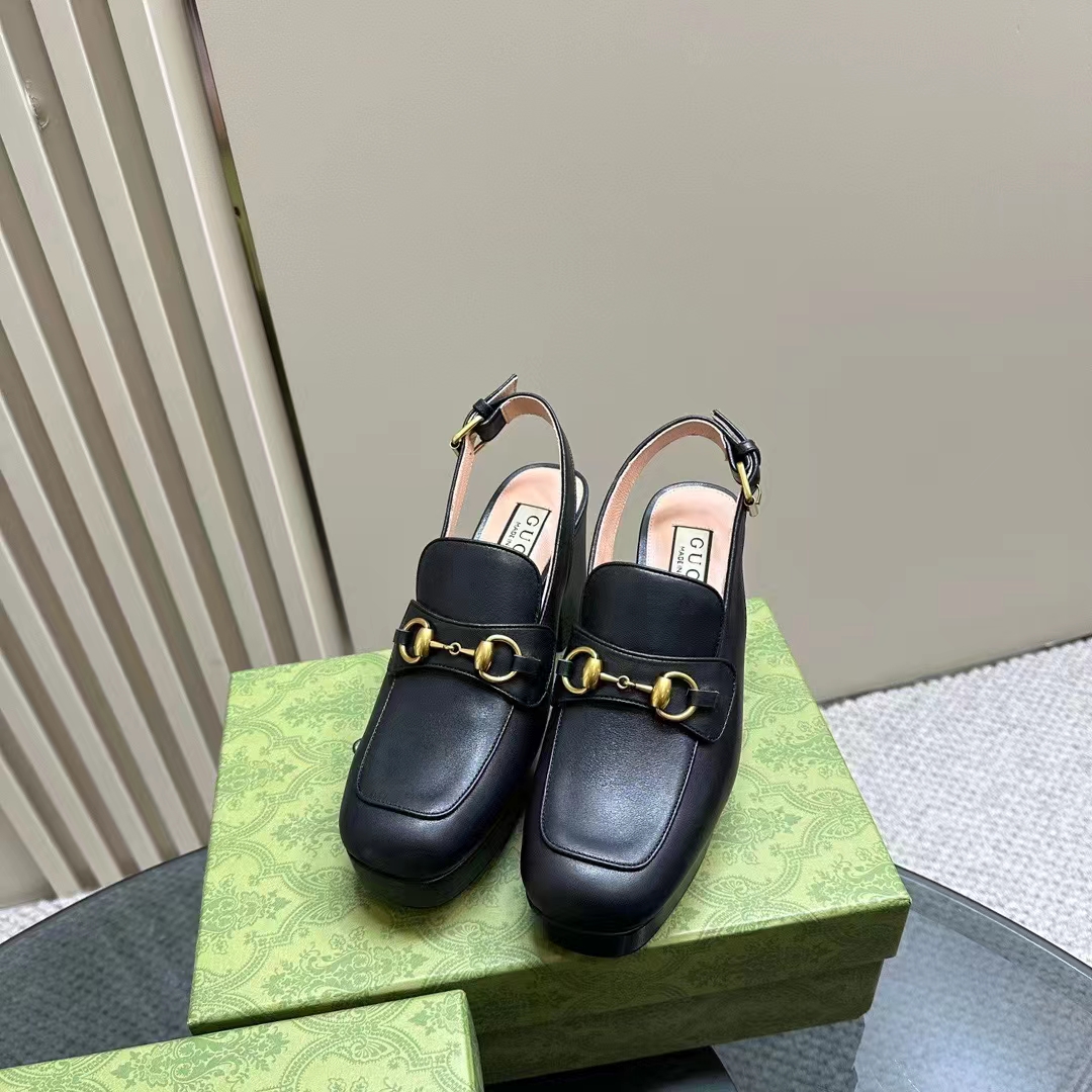 Gucci Women GG Horsebit Mule Black Leather Double Ring Bar Style ‎771566 0G0V0 1000