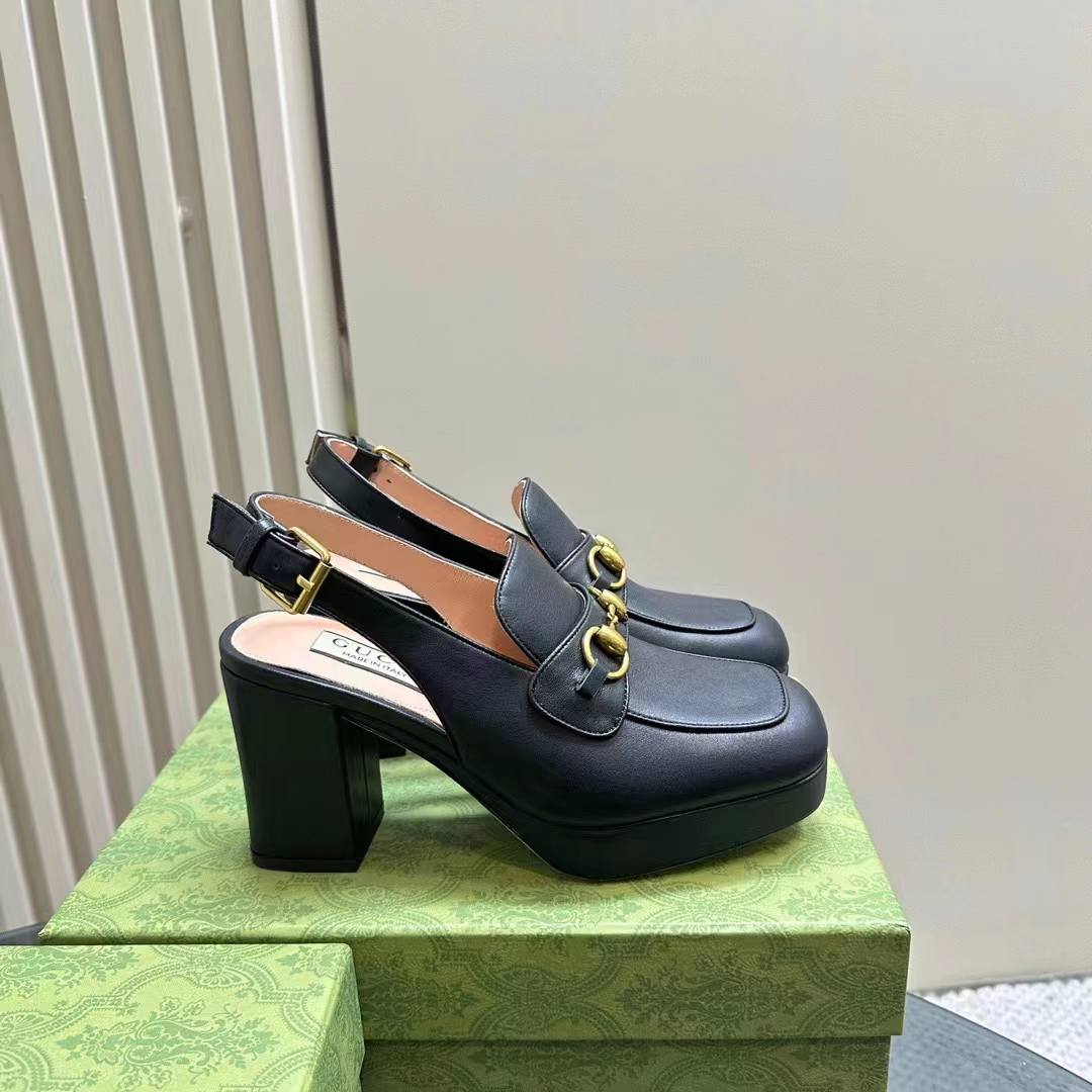 Gucci Women GG Horsebit Mule Black Leather Double Ring Bar Style ‎771566 0G0V0 1000