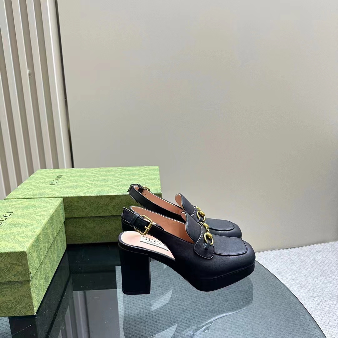 Gucci Women GG Horsebit Mule Black Leather Double Ring Bar Style ‎771566 0G0V0 1000
