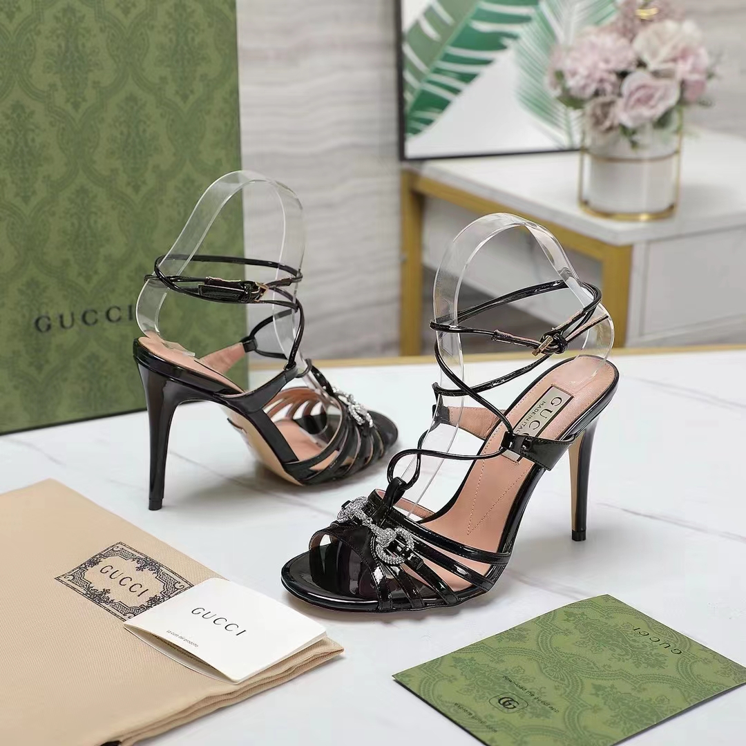 Gucci Women GG Horsebit Sandal Black Leather Crystals High 10.4 CM Heel