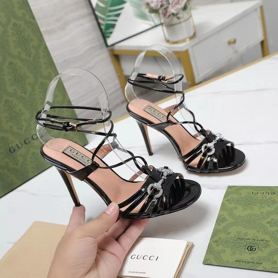 Gucci Women GG Horsebit Sandal Black Leather Crystals High 10.4 CM Heel