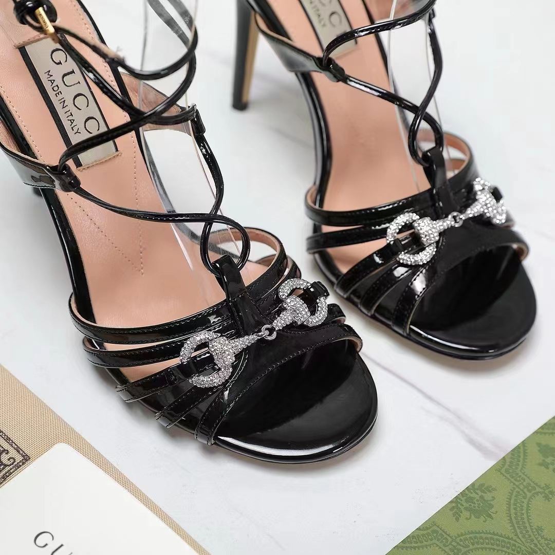 Gucci Women GG Horsebit Sandal Black Leather Crystals High 10.4 CM Heel