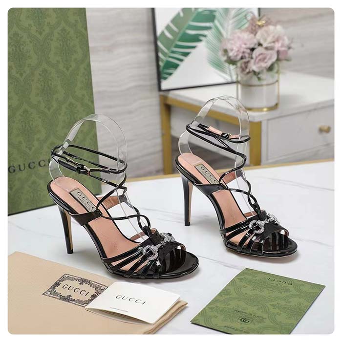 Gucci Women GG Horsebit Sandal Black Leather Crystals High 10.4 CM Heel