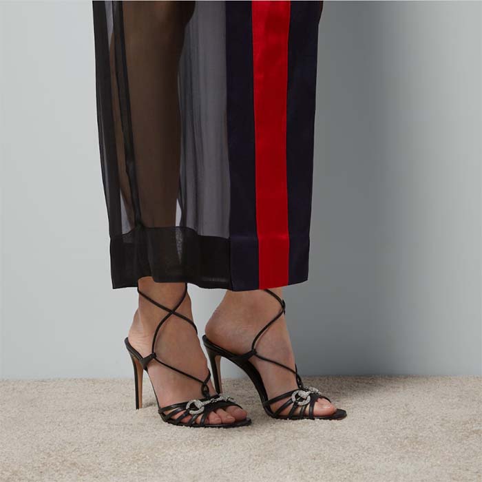 Gucci Women GG Horsebit Sandal Black Leather Crystals High 10.4 CM Heel
