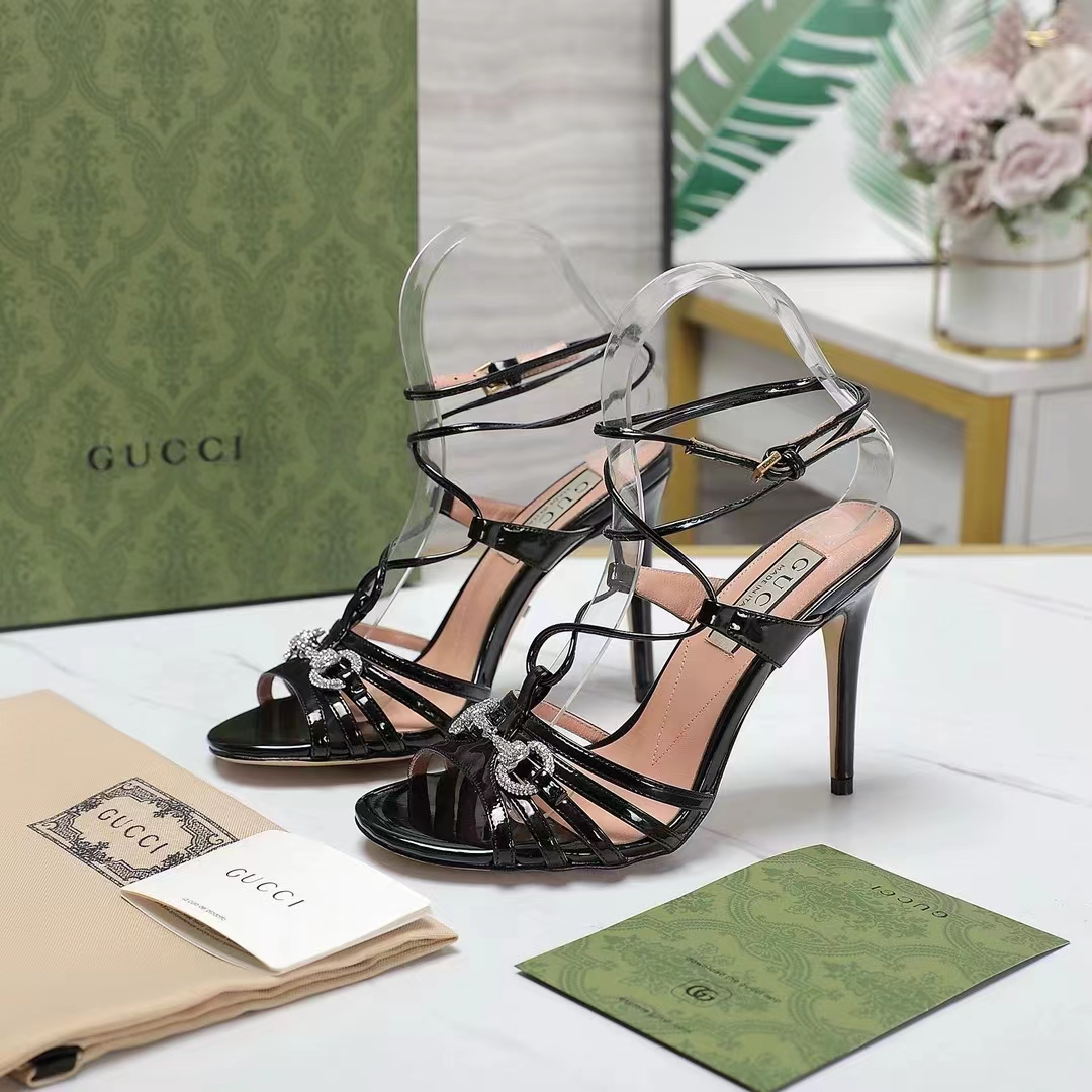 Gucci Women GG Horsebit Sandal Black Leather Crystals High 10.4 CM Heel