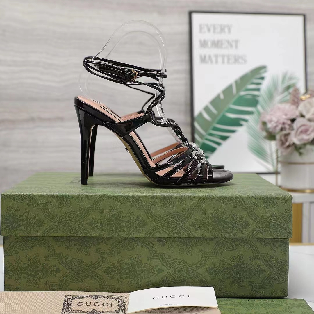 Gucci Women GG Horsebit Sandal Black Leather Crystals High 10.4 CM Heel
