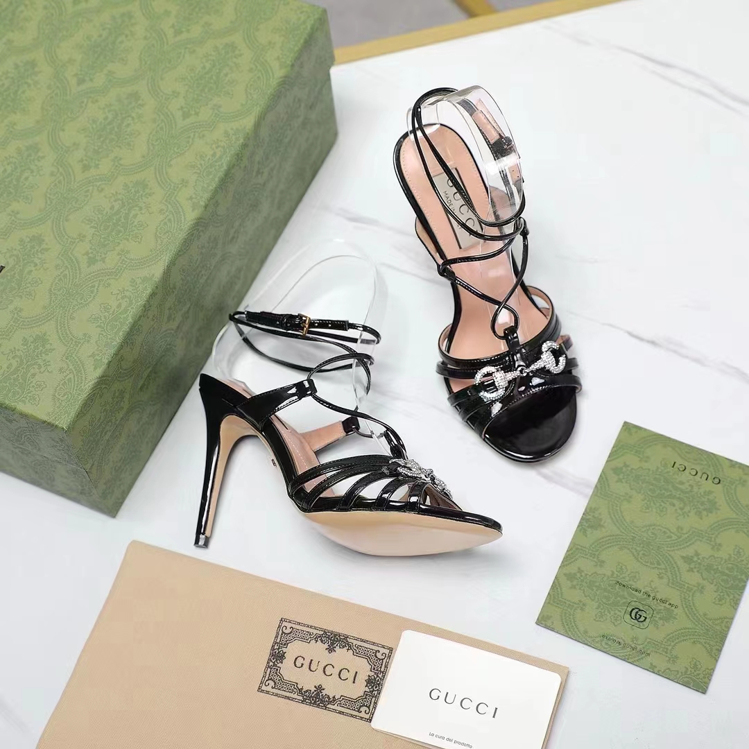 Gucci Women GG Horsebit Sandal Black Leather Crystals High 10.4 CM Heel