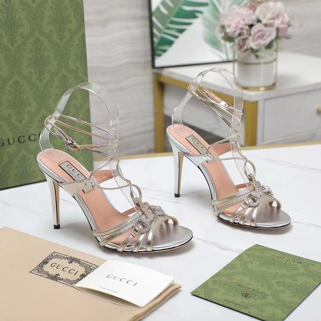 Gucci Women GG Horsebit Sandal Metallic Silver Gold Leather Crystals High Heel