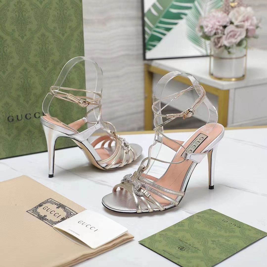 Gucci Women GG Horsebit Sandal Metallic Silver Gold Leather Crystals High Heel